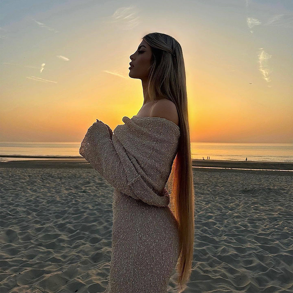 Vibrant One-Shoulder Knitted Long-Sleeved Dress Cover-Up