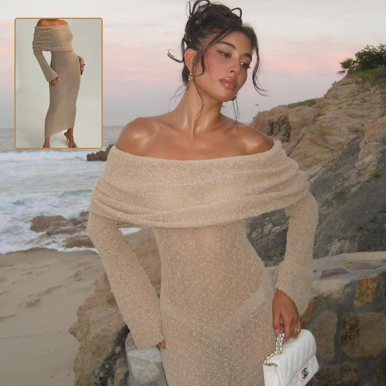 Vibrant One-Shoulder Knitted Long-Sleeved Dress Cover-Up
