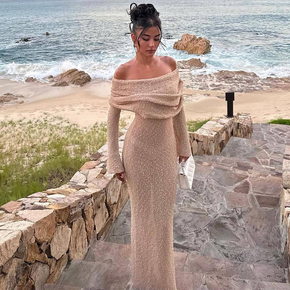 Vibrant One-Shoulder Knitted Long-Sleeved Dress Cover-Up